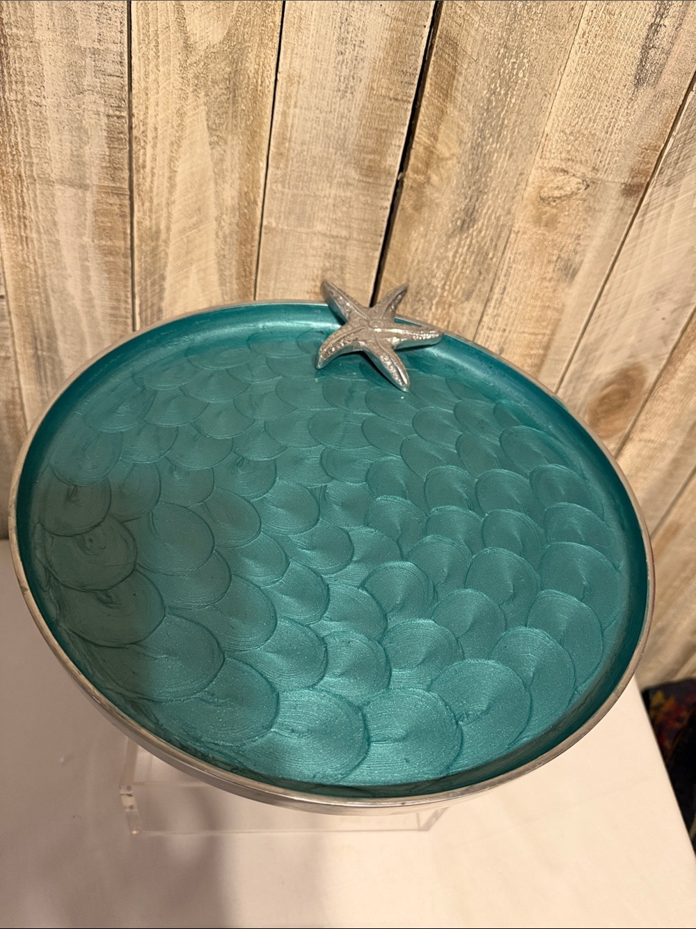 Teal Beach House Coastal Style Large Pedestal Tray Cake Stand